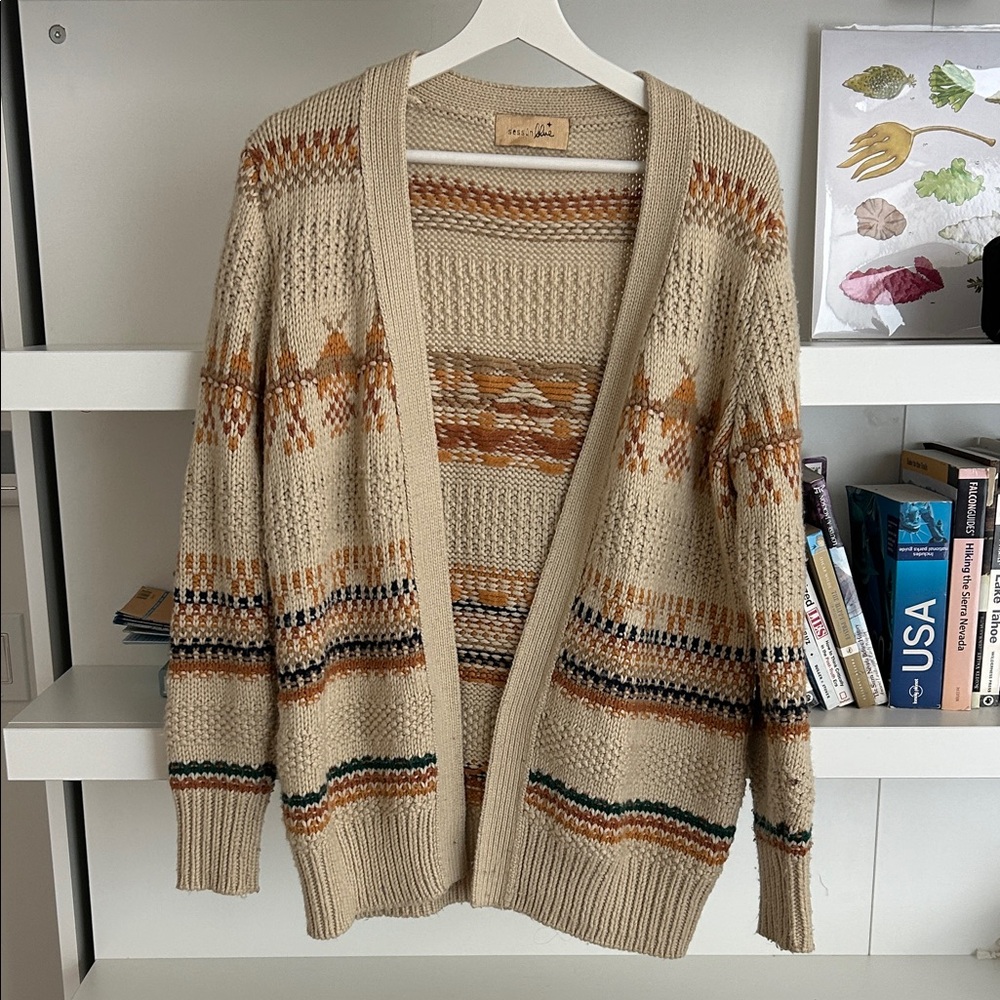 Cozy Beige Cardigan with Multicolor Patterns